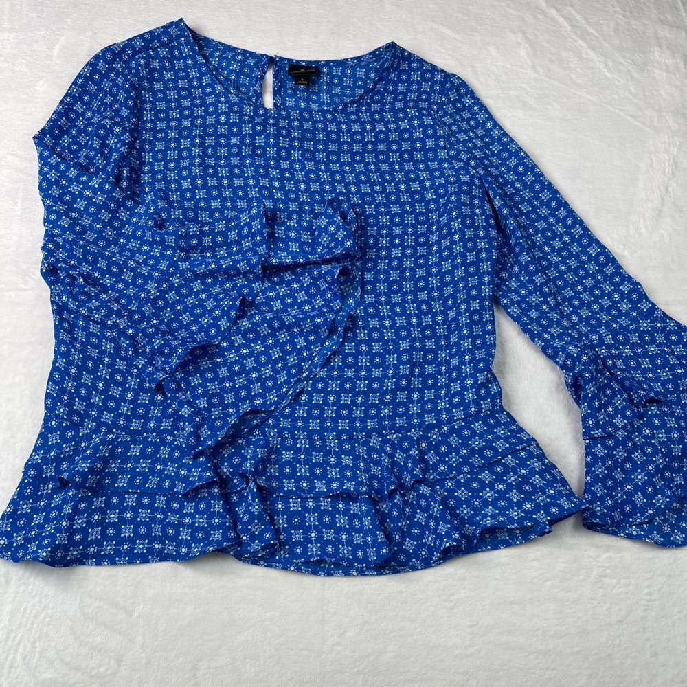 Worthington Blue Ruffle Bell Sleeve Peplum Blouse Geometric Print Large